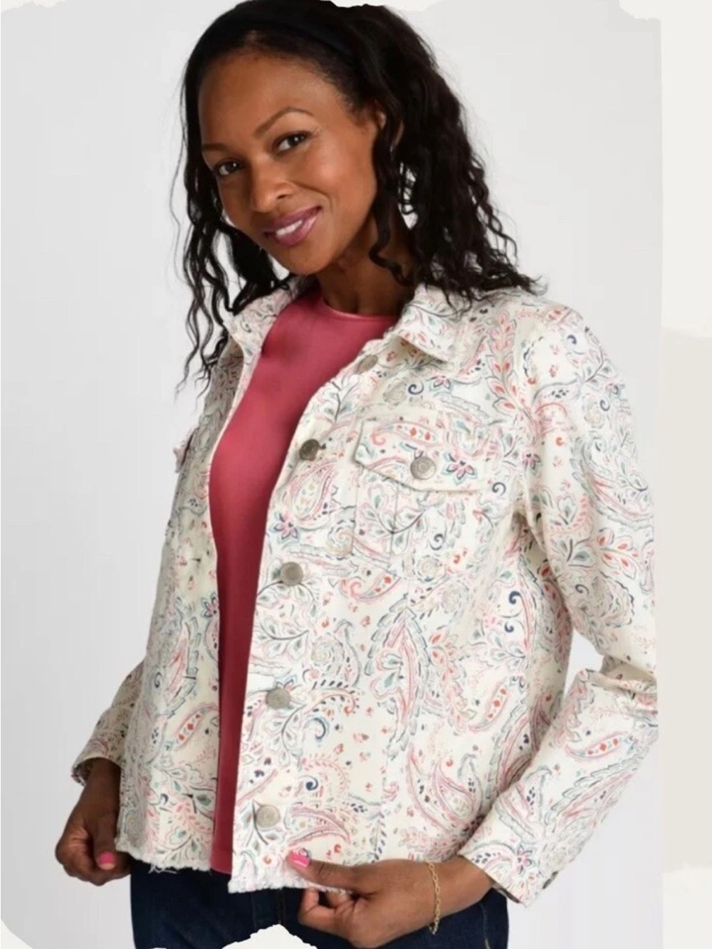 Christopher & Banks Cream Paisley Button-Up Jean Jacket